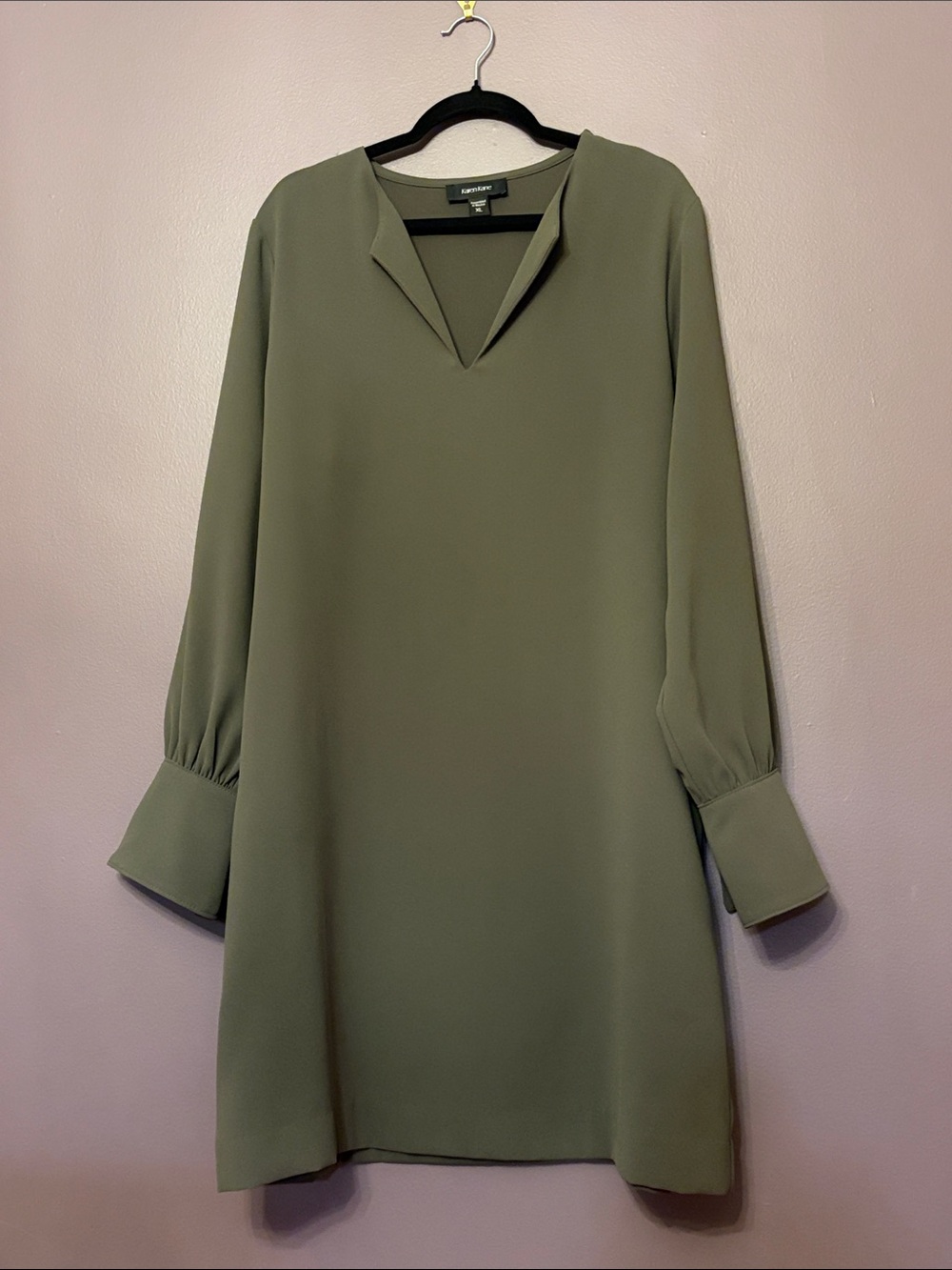 Karen Kane Olive V-Neck Long Sleeve Shift Dress with Cuff Sleeves XL